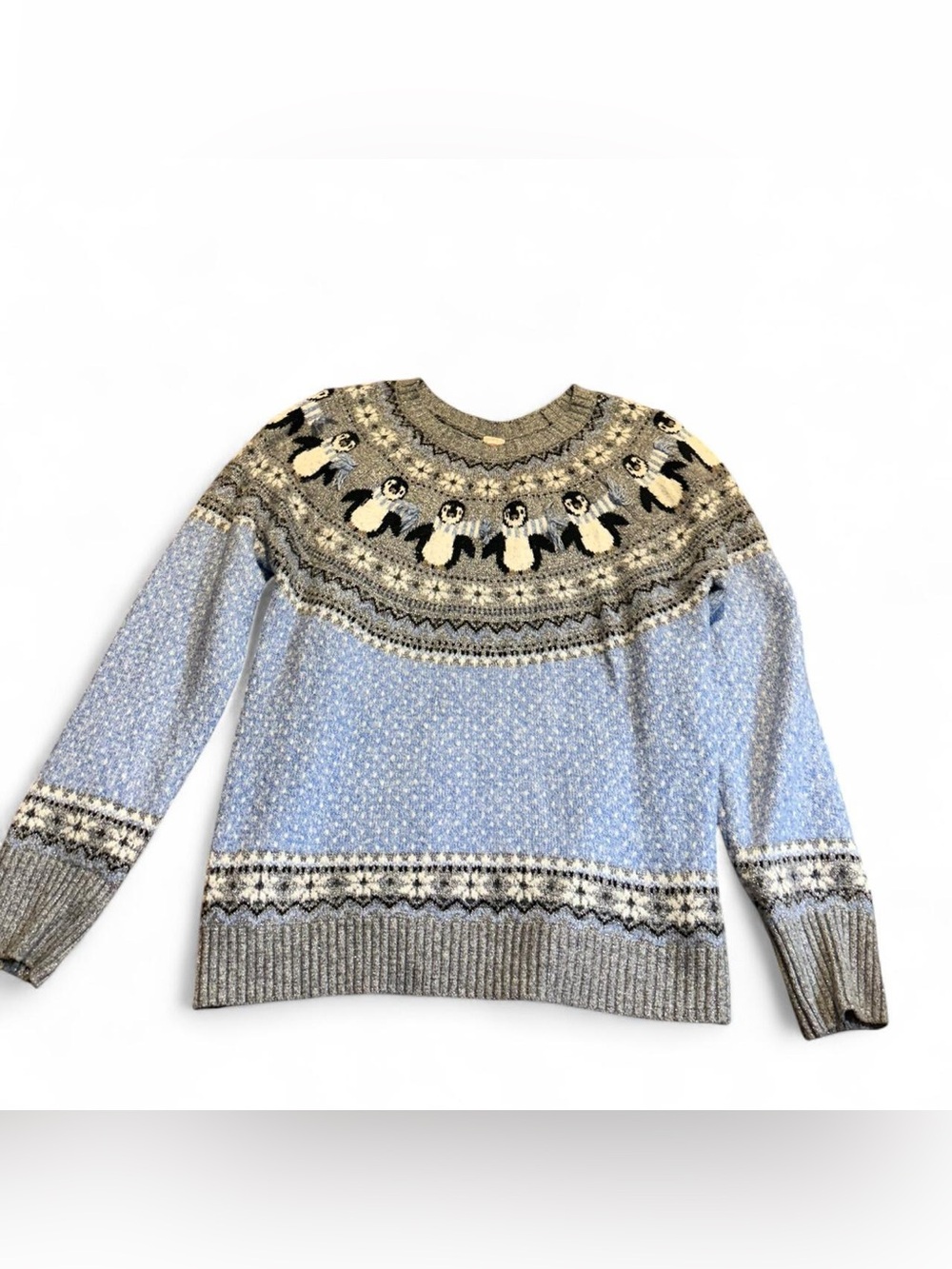Holiday Time Light Blue and Gray Penguin Yoke Sweater